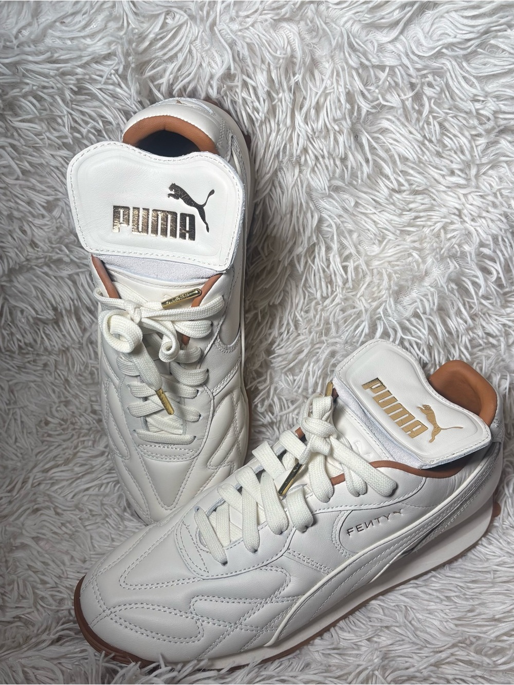 Puma Fenty Unisex White Sneakers with Gold Logo and Tan Trim